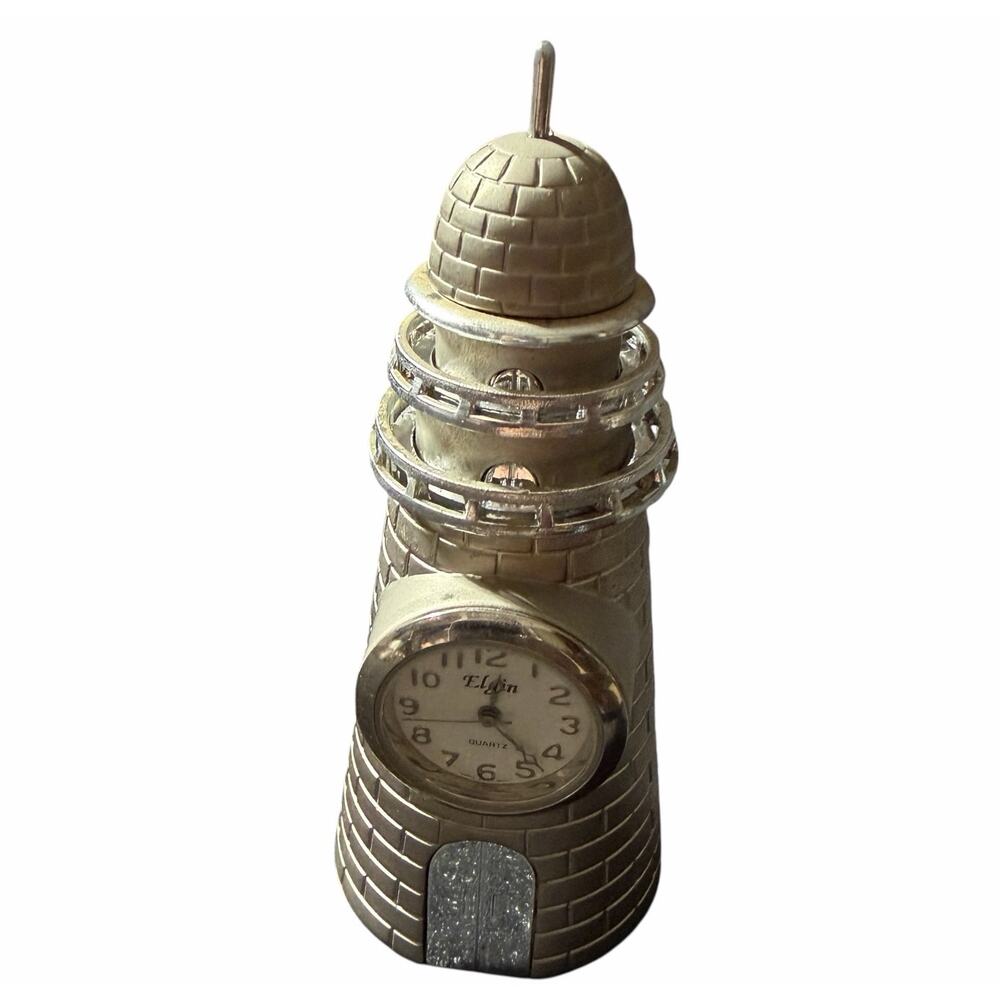 Vintage Elgin Lighthouse Mini Clock Quartz Desk Nautical Decor Hong Kong 4”